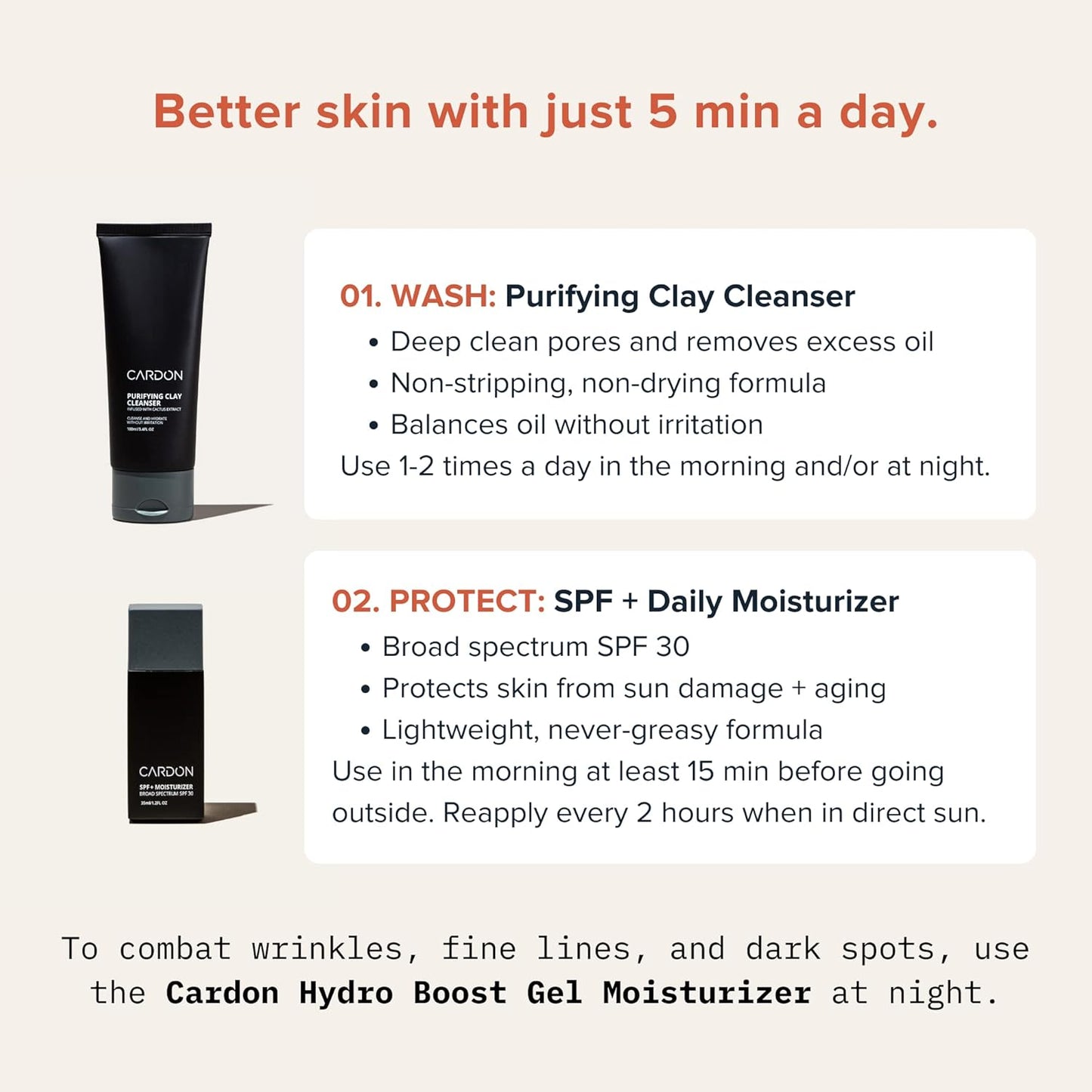 CARDON Daily Skincare Set for Men | Face Moisturizer with SPF 30 & Clay Face Wash | Best Gift for Men