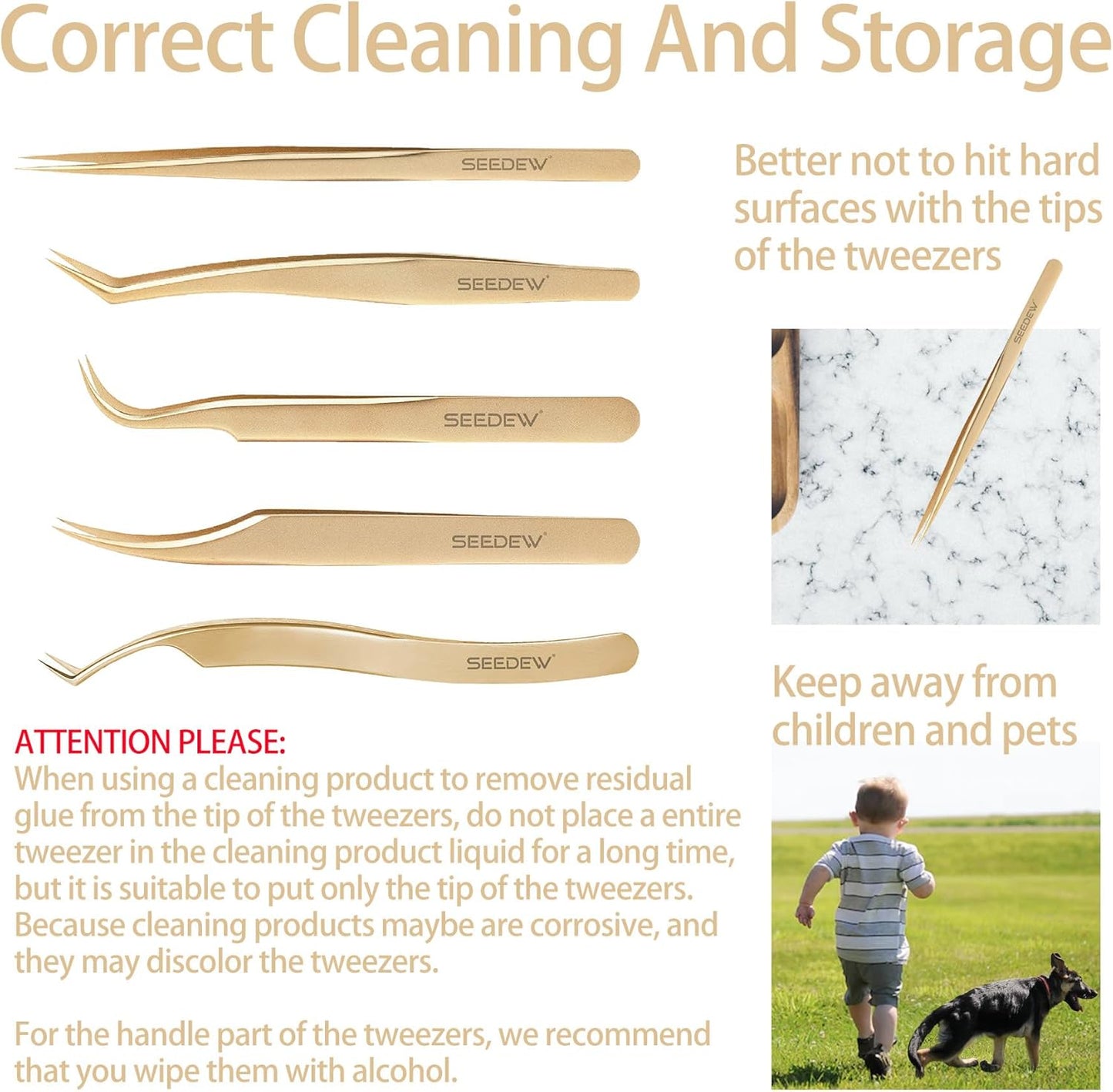 Tweezers Eyelash Extension 5 Pieces Stainless Steel Straight and Curved Professional Set Supplies with a Storage Bag for Lash Tech, Lash Artist Beginner Making Volume Classic Fans(Golden, Pink)