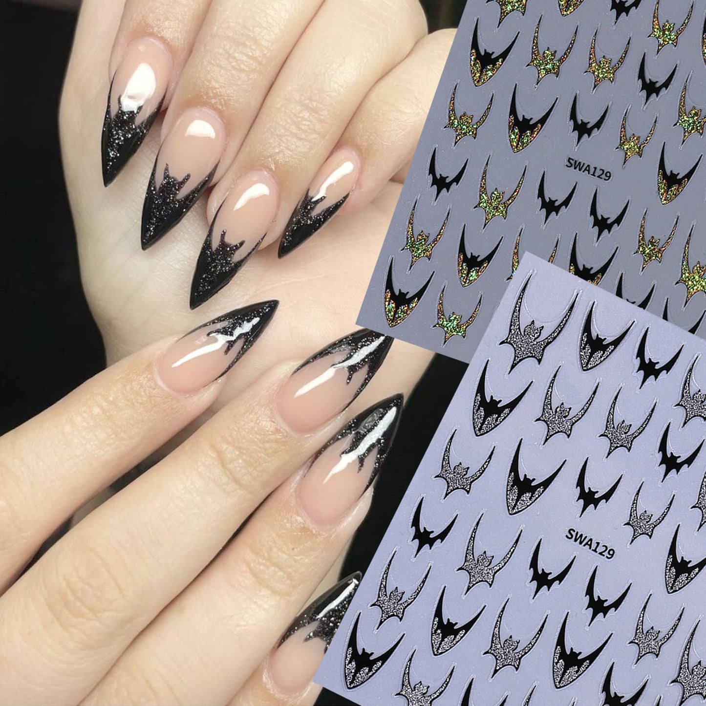 4pcs Halloween Bat Nails Art Stickers Glitter Holographic Gold Silver French Bat Design Adhesive Nail Decals Sliders Halloween French Sticker for Nails Supplies Accessories Y2K Manicure Decor