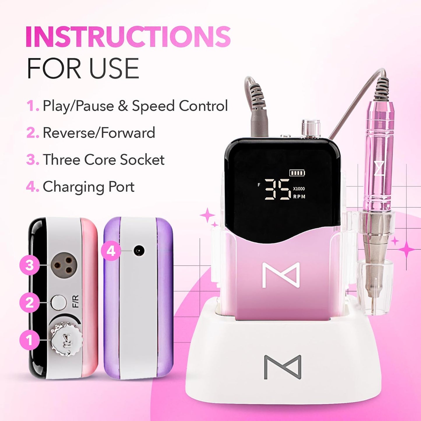 M Mase- Professional Nail Drill Machine - Coreless 2-in-1 Nail File - Electric, Cordless, 35000 RPM, HD Display - Electric Nail Drill for Professional & Home Use (Unicorn Pink)