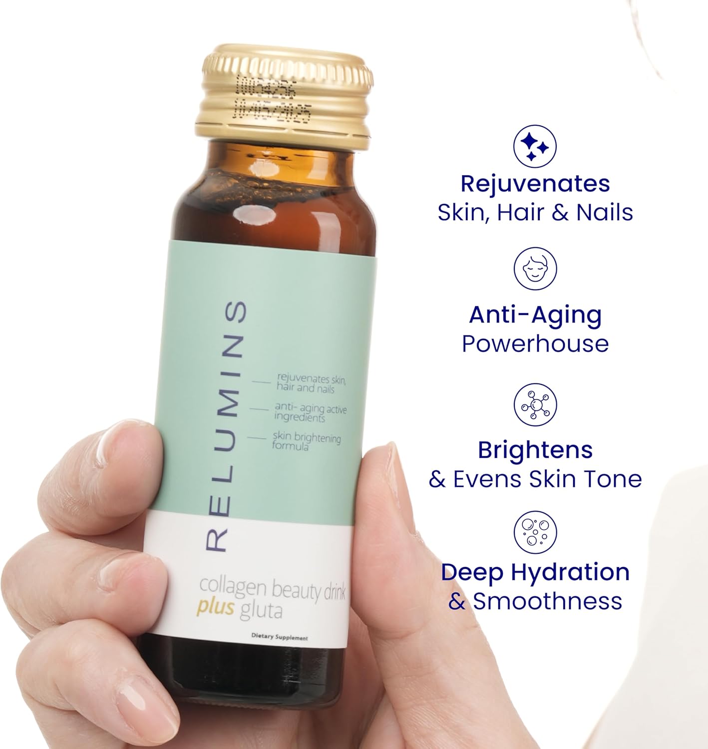 Relumins Advanced Collagen Beauty Drink with Glutathione, Hyaluronic Acid & Antioxidants - Post-Summer Skin Recovery & Shots for Radiant Skin, Hair & Nails - Apple Flavor - 30 Bottles x 50mL