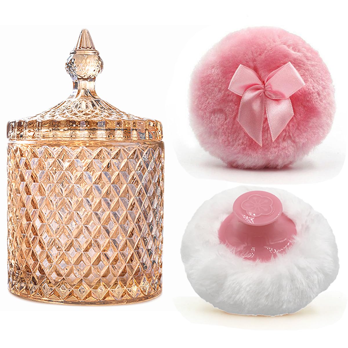 Luxury 4.2 Inch Glass Powder Container with 2 Plush Puffs｜Non-Sealed Refillable Organizer for Body Powder&Makeup｜Setting Powder Applicator w/Loose Powder Storage(Pointed Cylinder-Amber-Large)