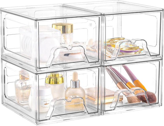 Plastic Drawers Storage, 4 Pack Clear Stackable Storage Drawers, Acrylic Storage Bins with Drawers for Fridge Organizers, Small PlasticDrawers Stackable for Makeup Organizers Cosmetic Display