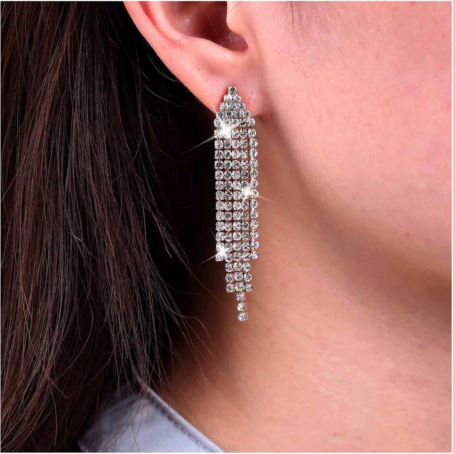 Vintage Rhinestone Chandelier Tassel Earrings Crystal Chain Drop Earrings Gold Long Tennis Chain Earrings Shine Chandelier Bridal Earrings Jewelry for Women