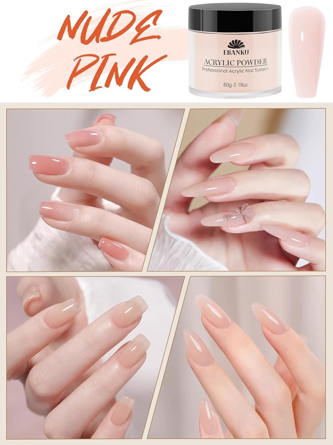 EBANKU Nude Pink Acrylic Powder for Nails, Long Lasting 3D Fingernail Carving & Nail Extensions, Professional Colors Acrylic Powder for Manicure, No Nail Lamp Needed, 60g/2.1oz*2Pcs
