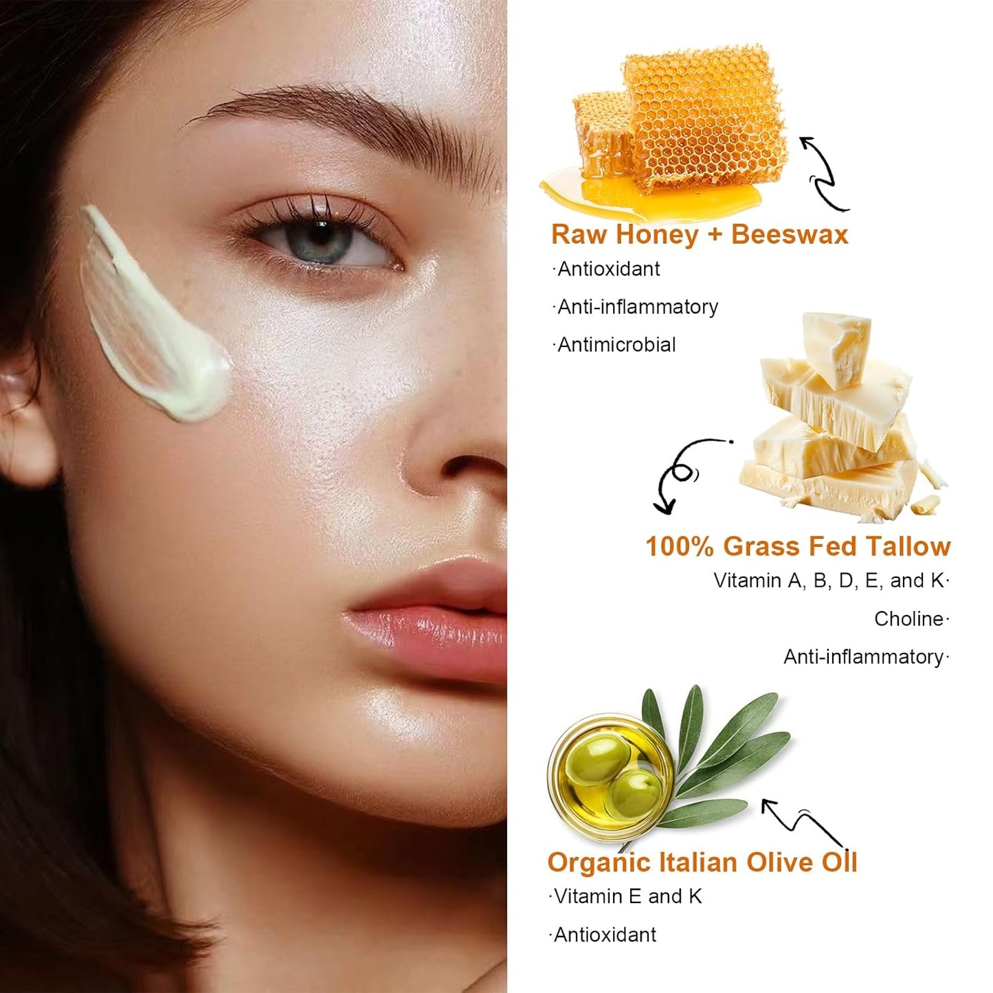 Marromi Beef Tallow for Skin, Tallow Honey Balm, Organic Grass-Fed Beef Tallow Balm with Raw Honey, Natural Soothing Moisturizing (1Pc, 2ounce)