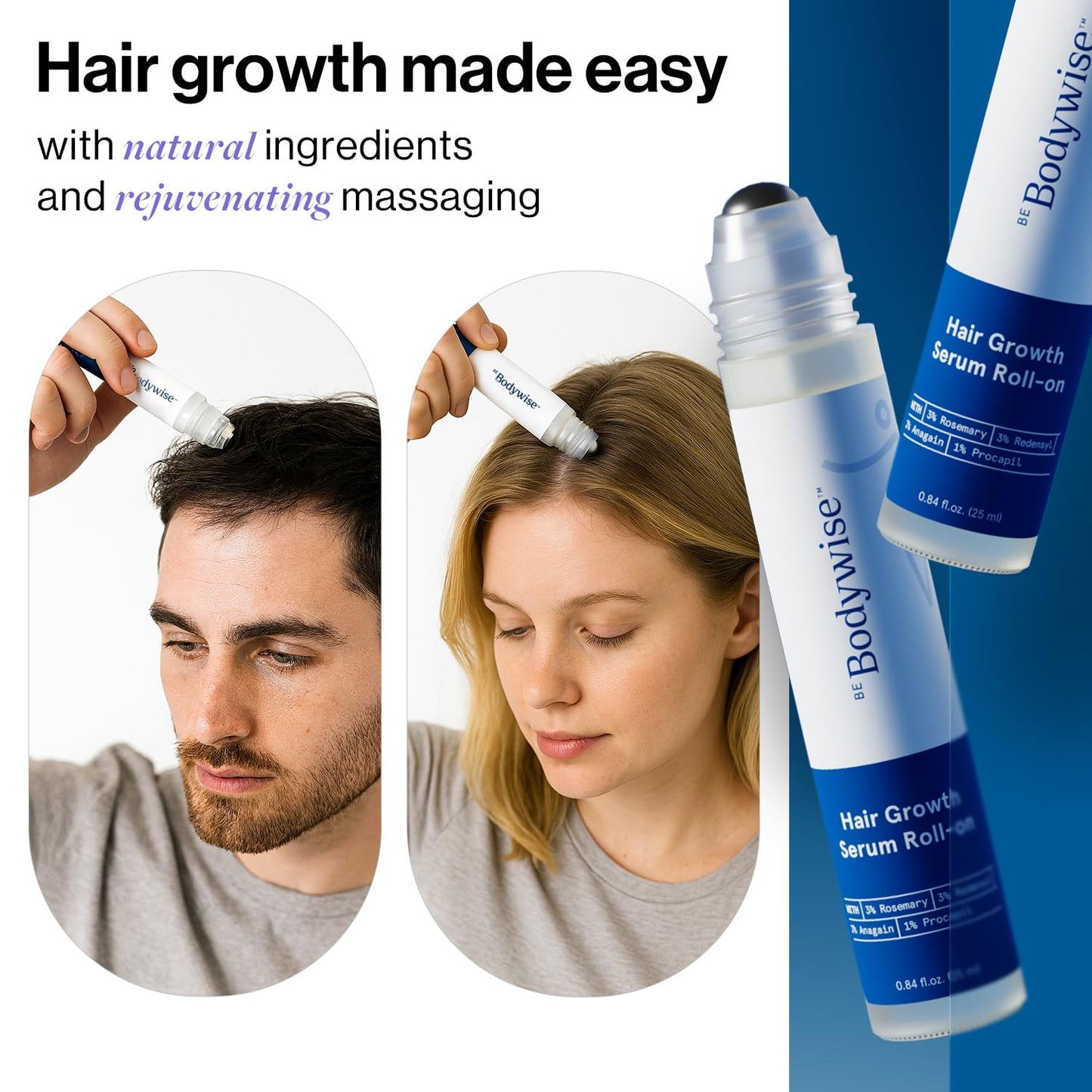 Be Bodywise Rosemary Hair Growth Serum Roll On 25 ml – 3% Rosemary, 3% Redensyl & 2% Anagain | DHT-Blocking Scalp Serum Boosts Oxygen Flow, Reduces Hair Fall | Paraben/Sulfate-Free | Women & Men