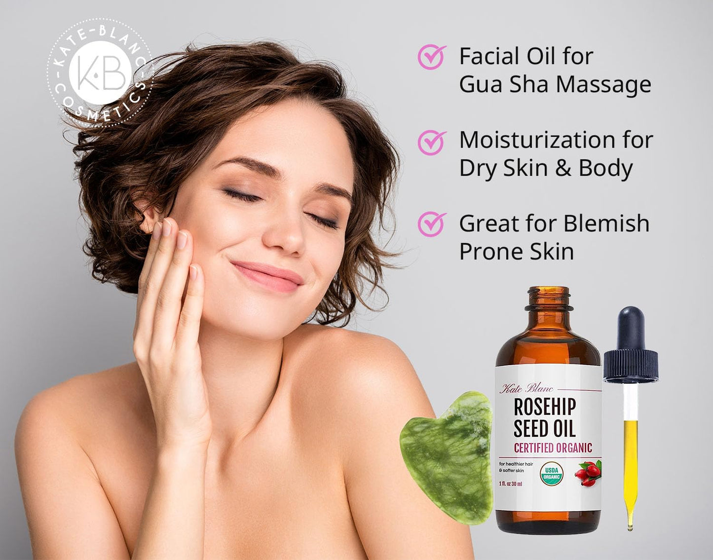 Kate Blanc Cosmetics Rosehip Oil for Face with Jade Gua Sha Stone (1oz, Organic, Pure, Cold Pressed) Rosehip Seed Face Oil for Gua Sha Massage