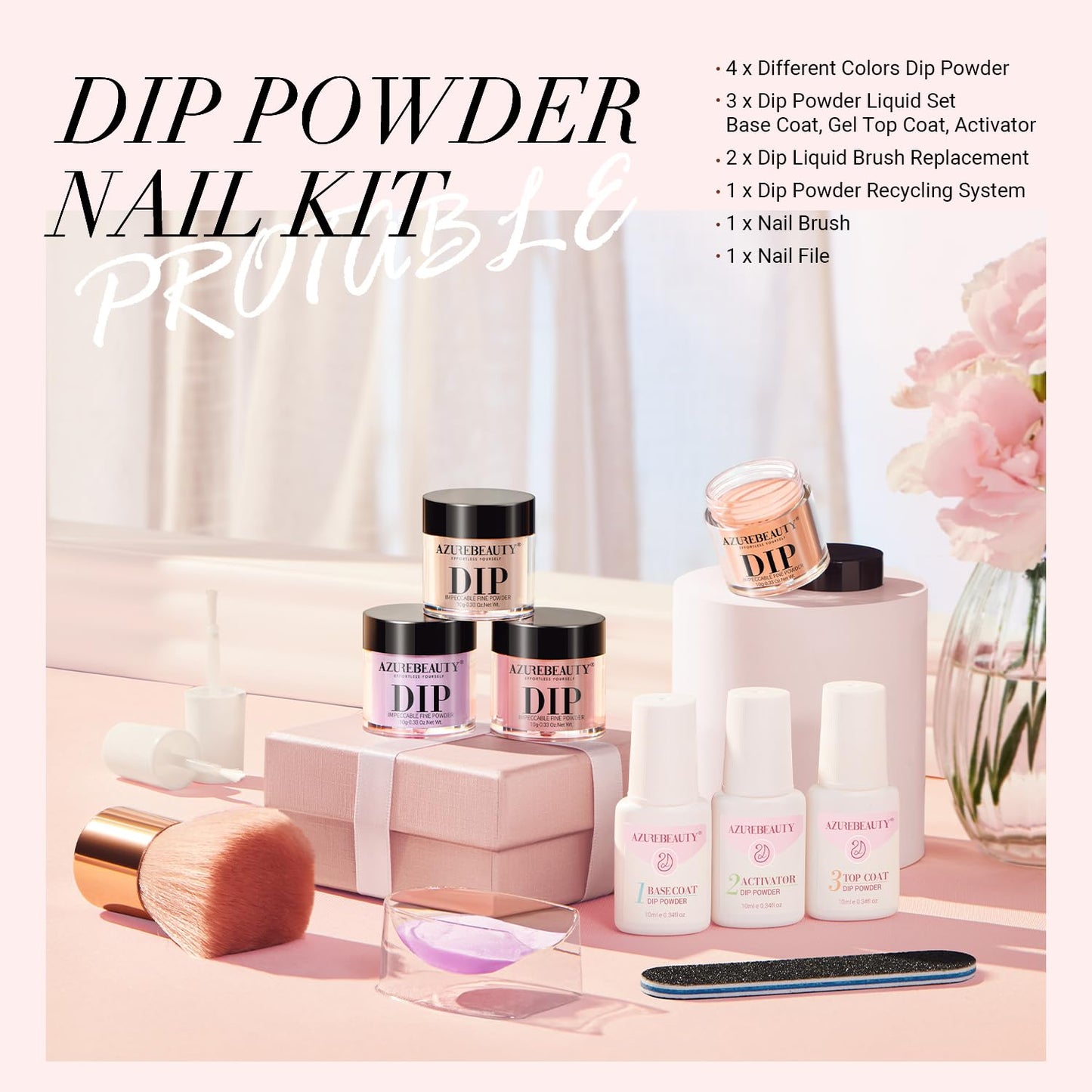 AZUREBEAUTY Dip Powder Nail Starter Kit, 4 Colors Translucent Jelly Nude Gentle Pink Dipping Powder System Liquid Set with Base & Top Coat Activator for French Nail Art Manicure Salon DIY