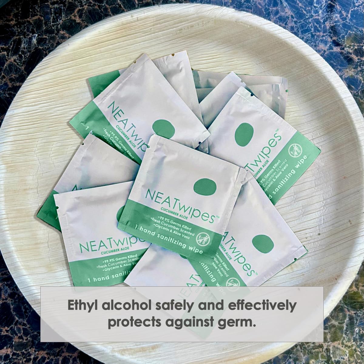 NEATwipes Hand Sanitizing Wipes | Travel Size | Disposable Wet Wipe & Biodegradable | Cucumber Aloe Essential Oil | Soothing Aloe & Glycerin | 24 Individually Wrapped Wipes