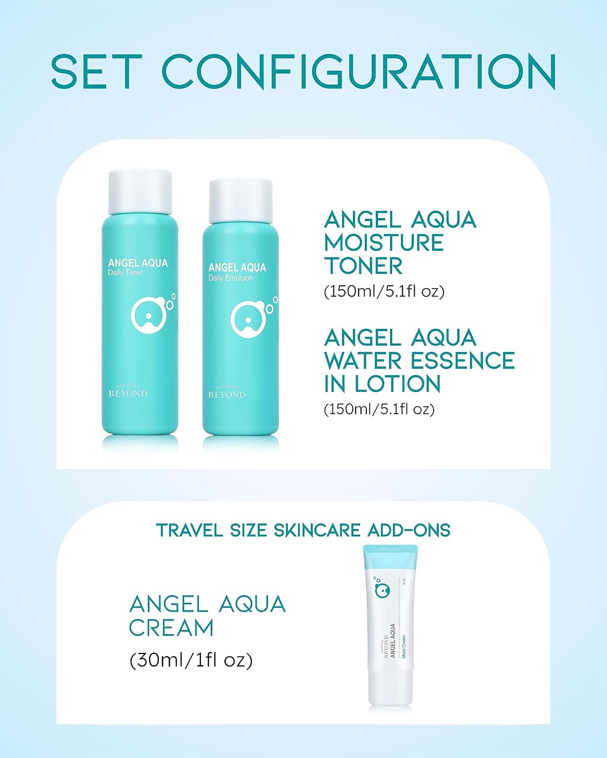 BEYOND Angel Aqua Moisture Skincare Set (Skincare Set, 11.2fl oz , 3-Piece Set) - Vegan Formula Korean Skin Care for Dry & Rough Skin , Hyaluronic Acid, Cica, Pantenol