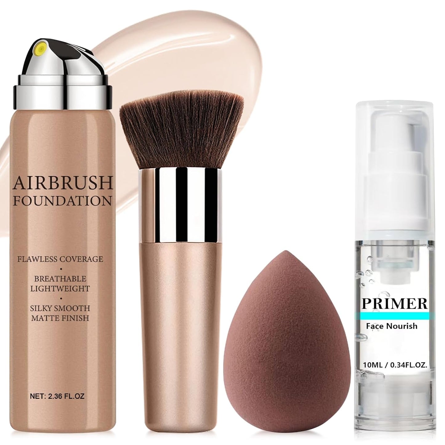 AirBrush Foundation Spray With Primer and Brush, Silky Mist Foundation Spray Makeup, Full Coverage Foundation for Smooth Radiant Finish, Formula Breathable Lightweight Hydrating(#4 Porcelain)