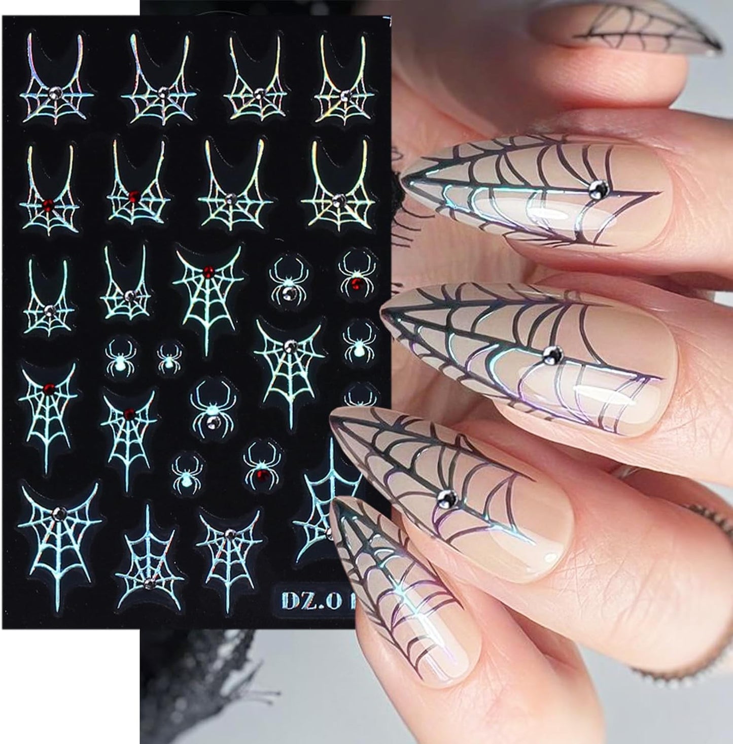 3 Sheets Spider Web Nail Stickers for Nail Art Gold Silver Halloween Nail Art Stickers Holographic Laser Spider Nail Decals With Diamond Designs 5D Self-Adhesive Scary Halloween Nail Sticker for Women