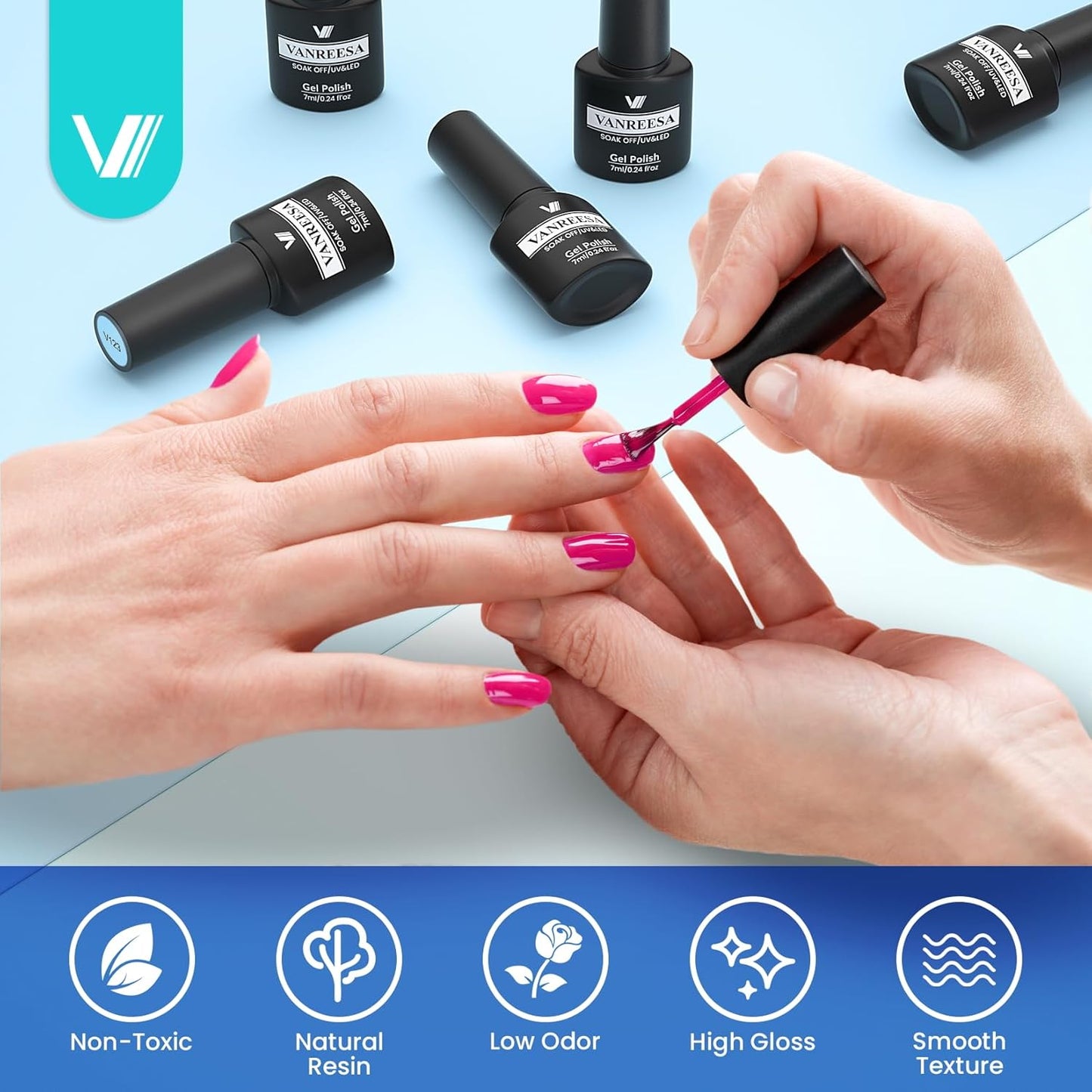 VANREESA 24 Pcs Gel Nail Polish Set, 21 Colors Gel Polish with Base Coat Glossy & Matte Top Coat Pink Orange Yellow Green Purple Blue Glitter Gel Polish Kit Nail Kit Gifts for Women Girls