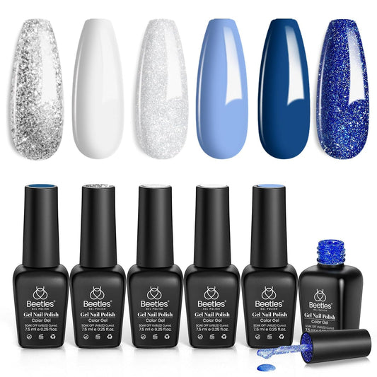 Beetles Blue Gel Polish Set, Glitter Snowflakes Collection Christmas Polish Set, White Glitter Navy Blue Silver Nails Color Gel Soak off UV LED Lamp Gift for Christmas