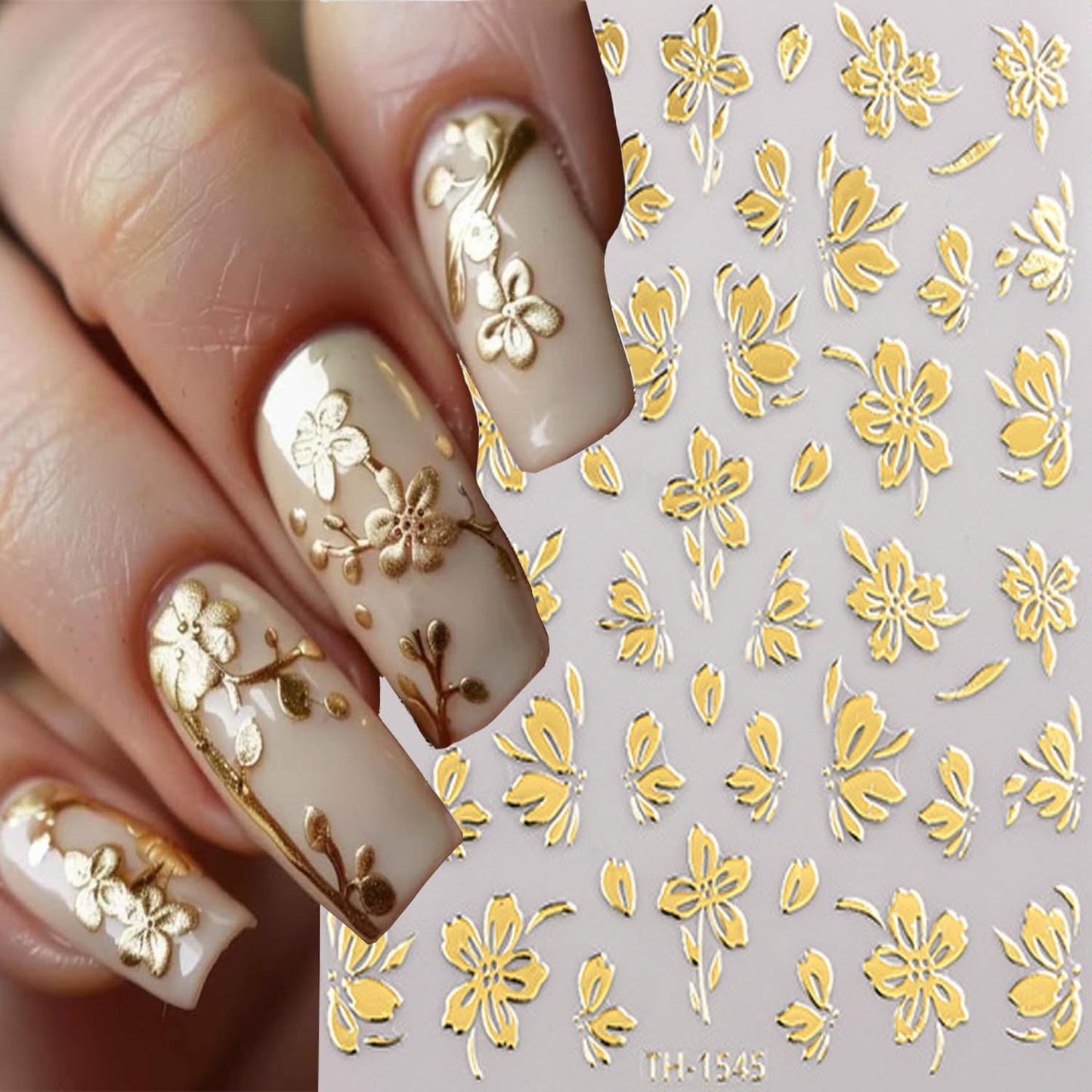 6Sheets Gold Nail Art Stickers 3D Self-Adhesive Nails Sticker Flower Nail Art Decals Holographic Golden Floral Leaves Nails Decal Decoration for Women Blossom Manicure Tip DIY Nail Sticker Supplies