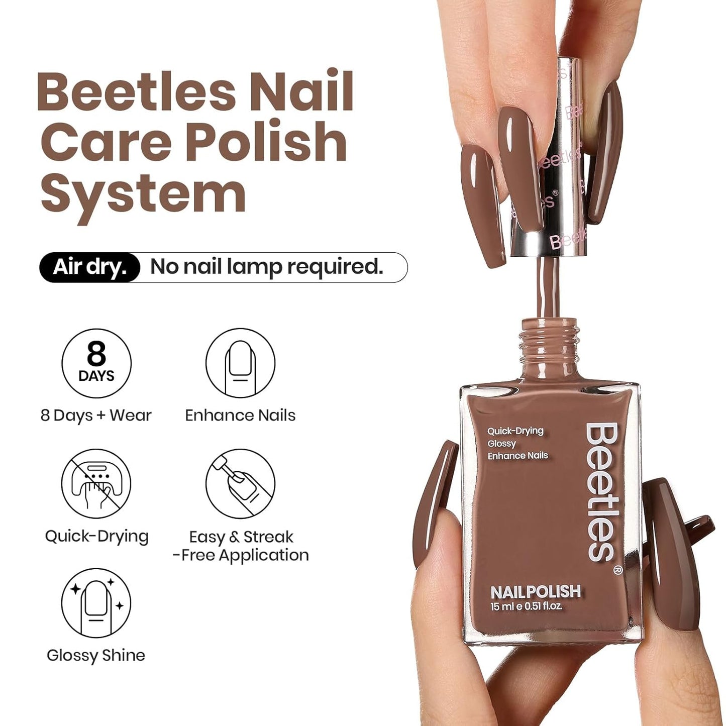 Beetles Mocha Mousse Nail Polish –No UV Needed, Air Dry –Warm Taupe Glossy Lacquer,Fast Drying, Long Lasting, Elegant Neutral Color At-Home DIY & Salon