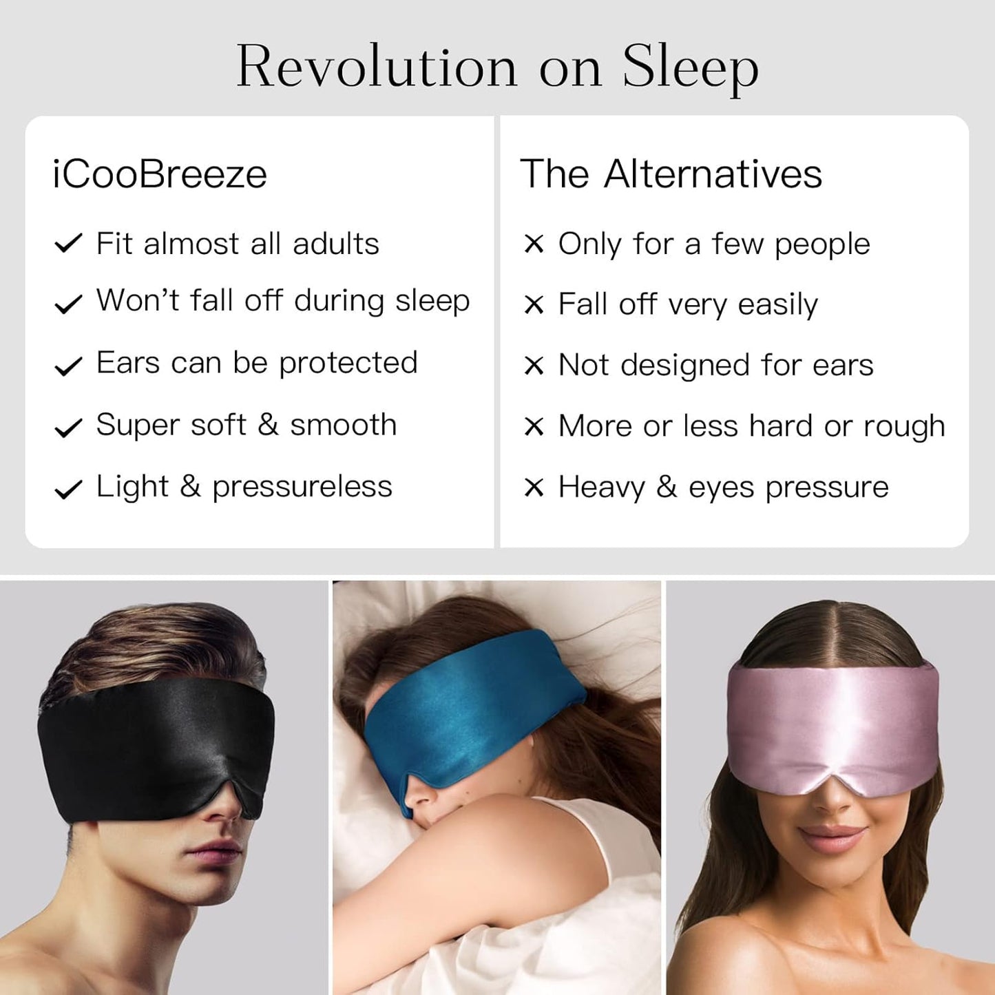 100% Natural Silk Eye Mask for Women Men, Soft Pressureless Cooling Blackout Eye Covers for Sleeping, Large Size Sleep Mask fits All Heads Adjustable, 1PC, Black