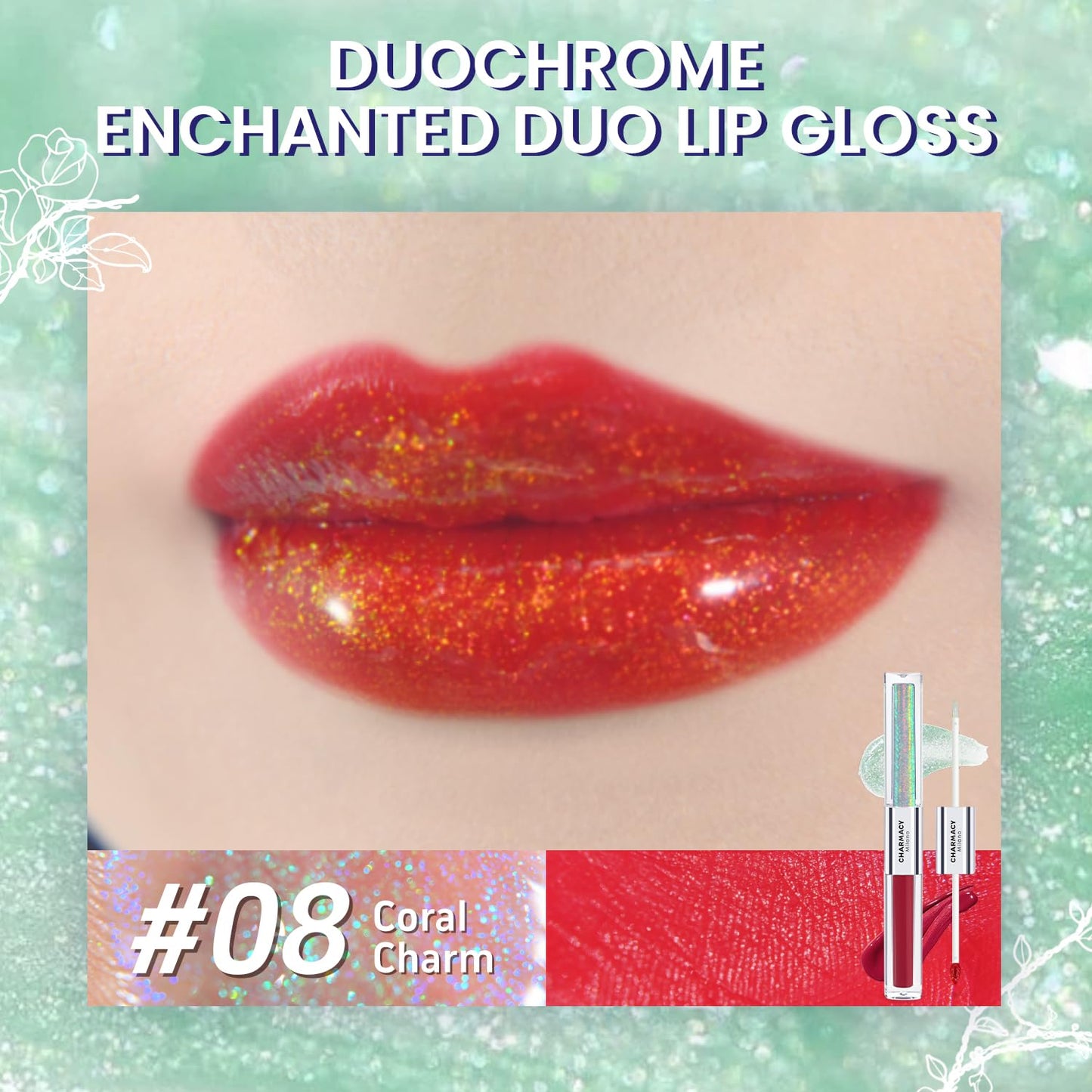 CHARMACY Multichrome Double Head Non-Stick Lip Gloss, Metallic Colourful Lip Glaze, Anti-transfer, Long Lasting Waterproof Liquid Lipstick Makeup (#08)