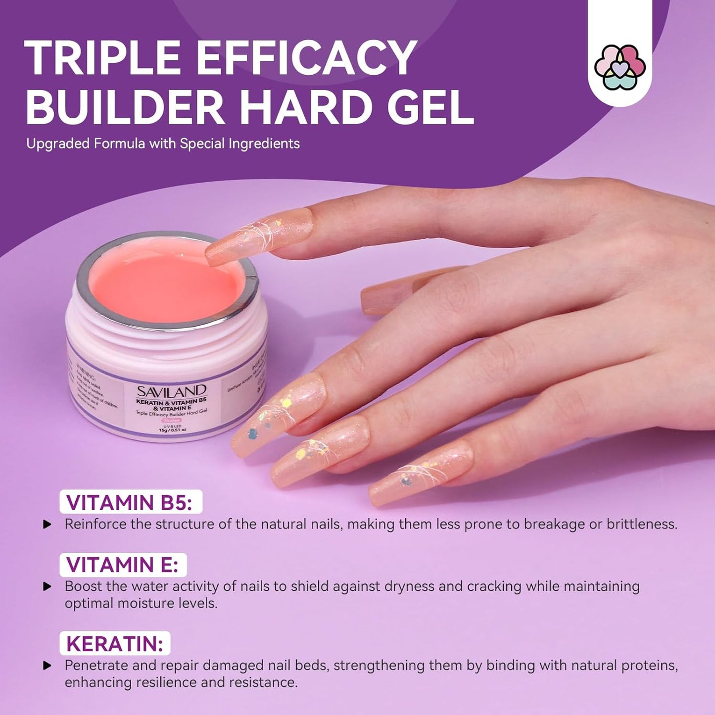 SAVILAND Builder Nail Gel Set with Nail Drill - 3 Pcs Hard Gels(VE&VB5&Kerain) Clear Pink Nudes Builder Nails Gel with Lamp Brush Nails Strengthener Gels for Extension Shaping DIY at Home Salon