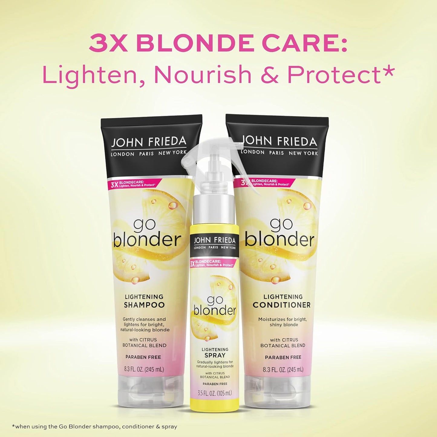 John Frieda Go Blonder Lightening Spray, Gradually Lightens Blonde Color, For Natural or Color-Treated Hair, Formulated with a Citrus Bontanical Blend, Paraben Free, 3.5 Oz, Pack of 2