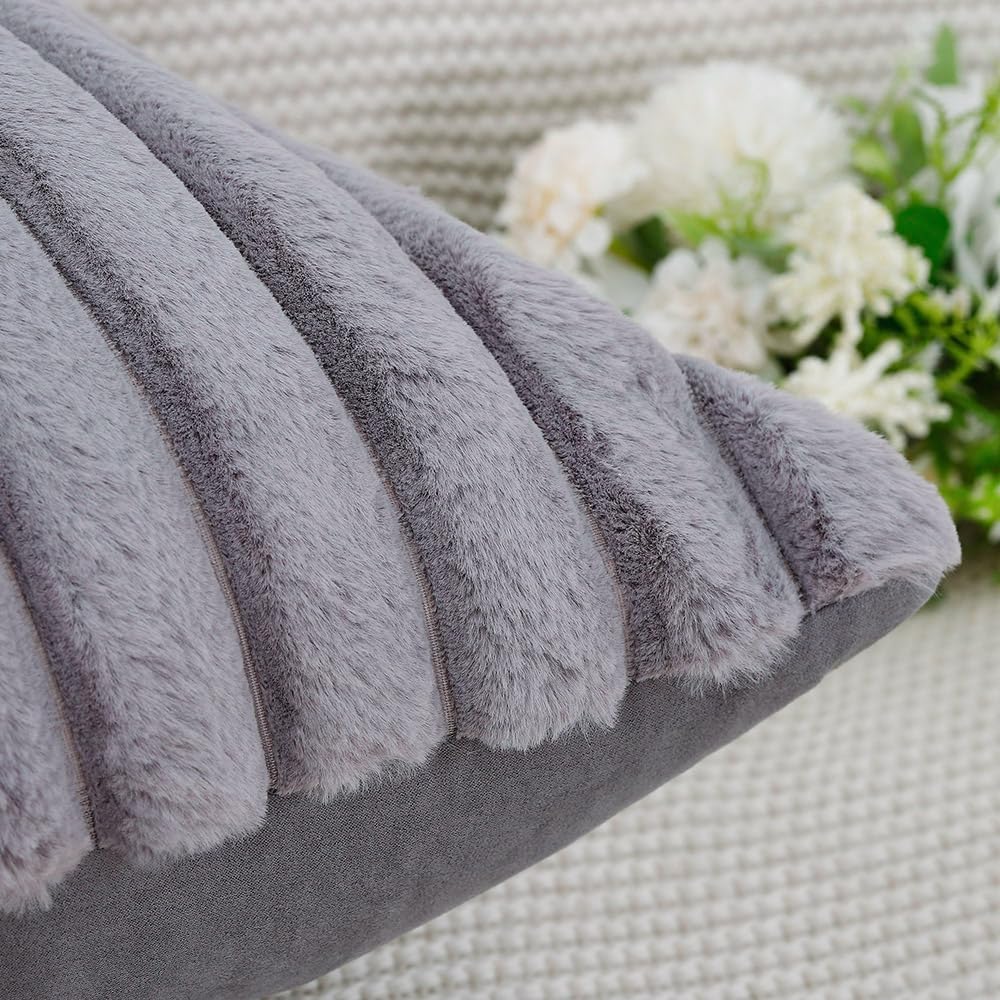MADIZZ Set of 2 Faux Wool Plush Decorative Throw Pillow Covers 18x18 Inch Grey Fluffy Striped Soft Decorative Cushion Cover for Sofa Bedroom Pillow Shell