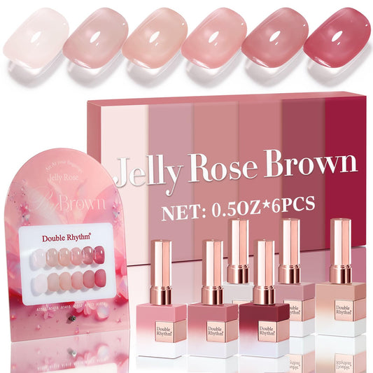 Double Rhythm 6 Pcs 15 ML Gel Polish Set Same Color Same Bottle Soak Off Gel Polish Kit Nail Art Manicure Salon DIY at Home for Women (Jelly Translucent Rose Pink Burgundy Red-T6-2)