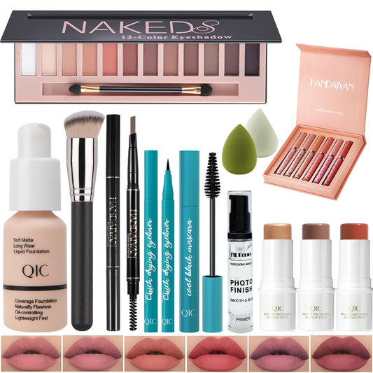 All In One Makeup Kit Full Kit, 3 Pcs Cream Contour Sticks,12 Colors Eyeshadow Palette,Full Coverage Foundation, 6 Colors Lipstick Set, Waterproof Eyeliner and Mascara (101# Porcelain)