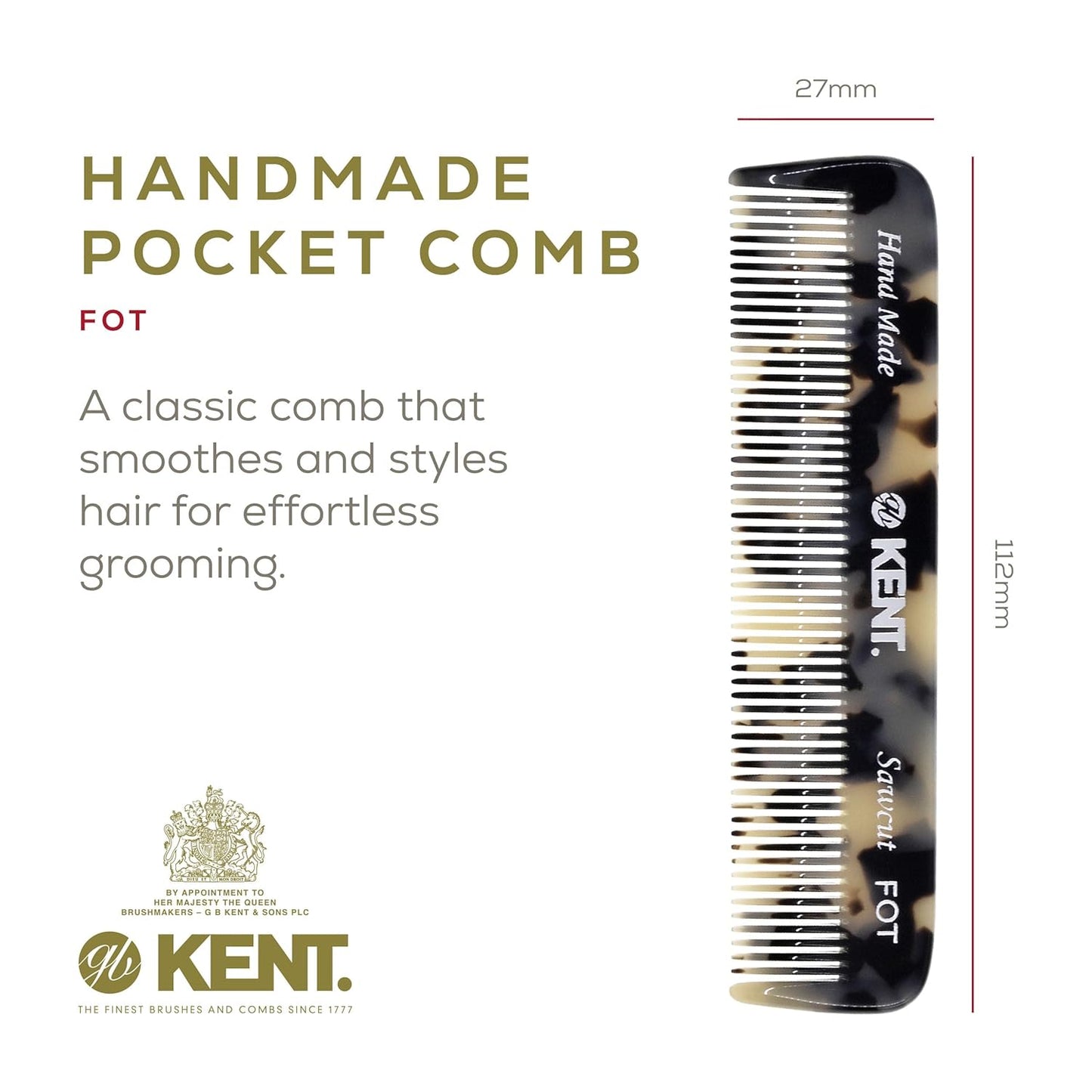 Kent FOT TW Fine Tooth Comb for Men - Handmade Pocket Comb for Travel, Styling, Fine or Thinning Hair, Mustache and Beard Care Handpolished Saw-Cut Made in England