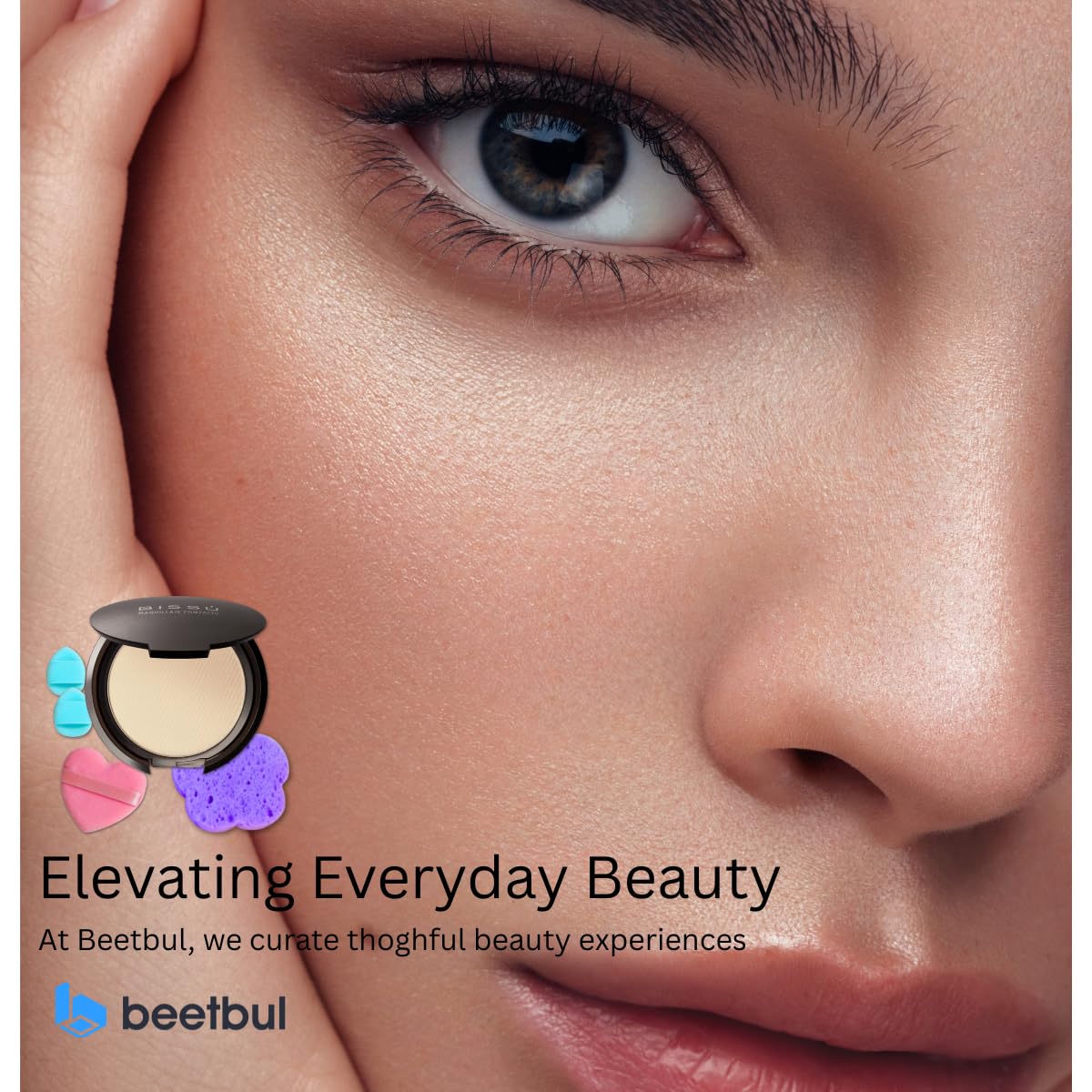 Beetbul Makeup & Exfoliation Kit - Bissú Compact Powder + 1 Medium Velvet Puff + 2 Finger Puffs + 1 Facial Exfoliating Sponge (06 Natural Beige, One Size)