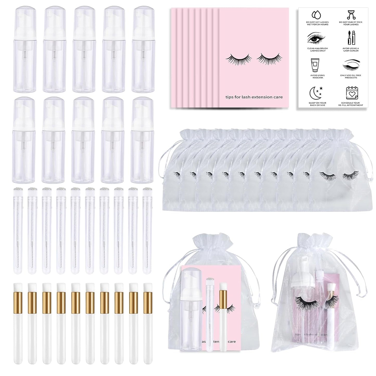 50PCS Lash Shampoo Bottles Brushes Set, Empty Lash Shampoo Bottle, Lash Cleaning Brush, Eyelash Extension Tube Brush, Instructions Cards, Aftercare Bags for Lash Business Clients (50pcs in white)