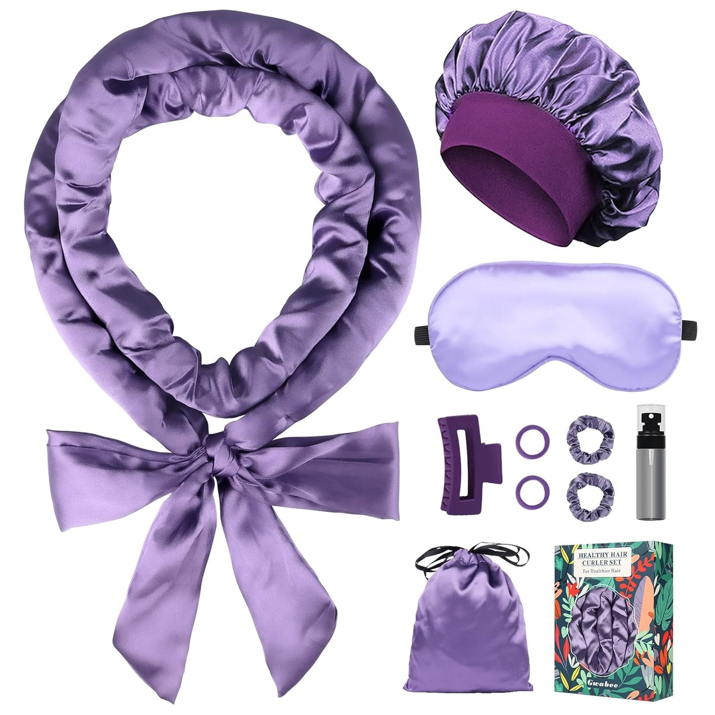 Satin Heatless Curls Overnight Hair Curlers to Sleep In Hair Curler Rollers No Heat Hair Wrap for Curls Headband, 70" Satin Heatless Curling Set for Women Long Waves Hair Volume -Purple 10 PCS