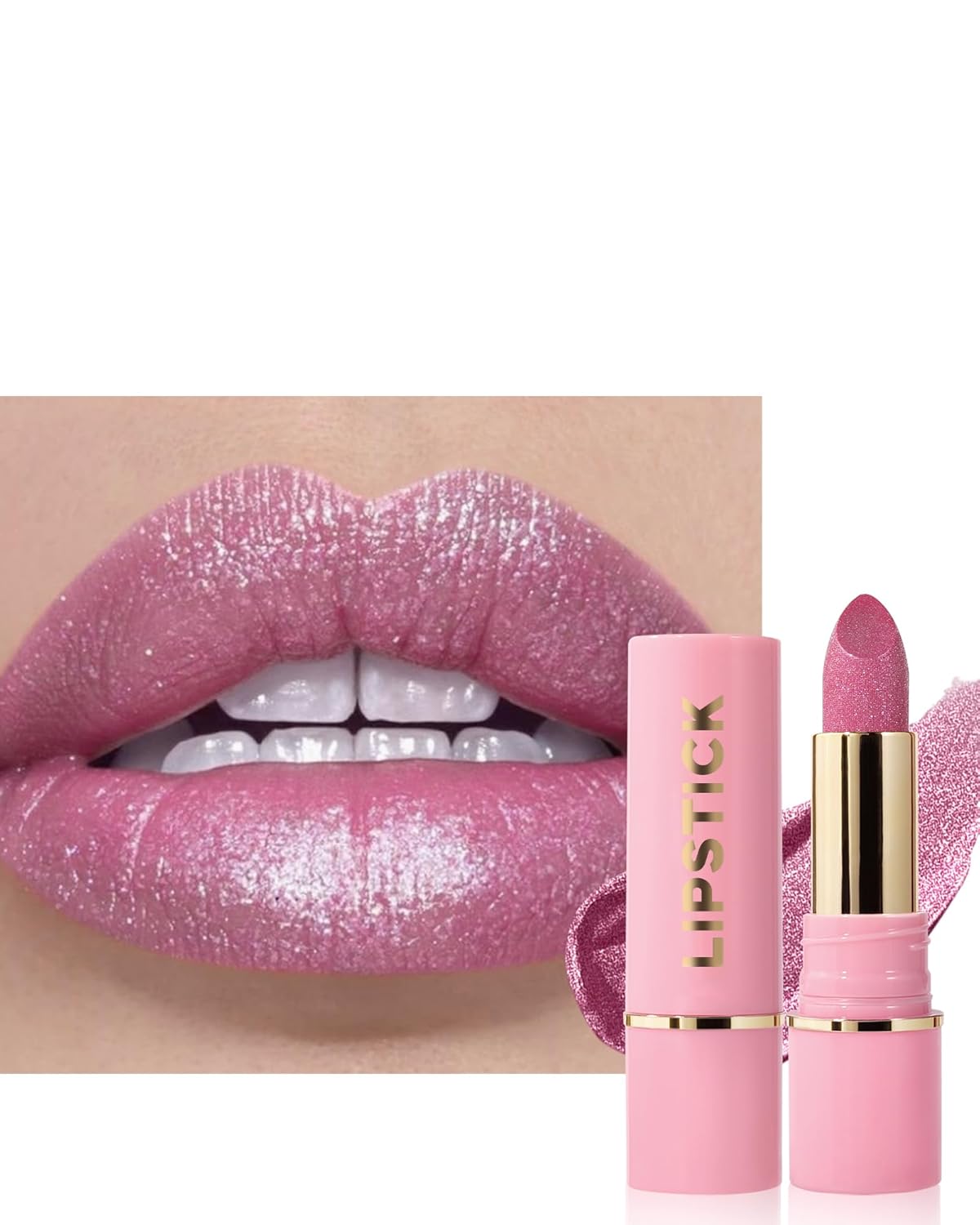 Metallic Nude Pink Glitter Lipstick Long Lasting,Glitter Lipstick Diamond Shimmer Lip Gloss for Women,Transfer Proof Non-Stick Lipgloss Highly Pigmented Full Coverage Red Lip Color Makeup Gift-02
