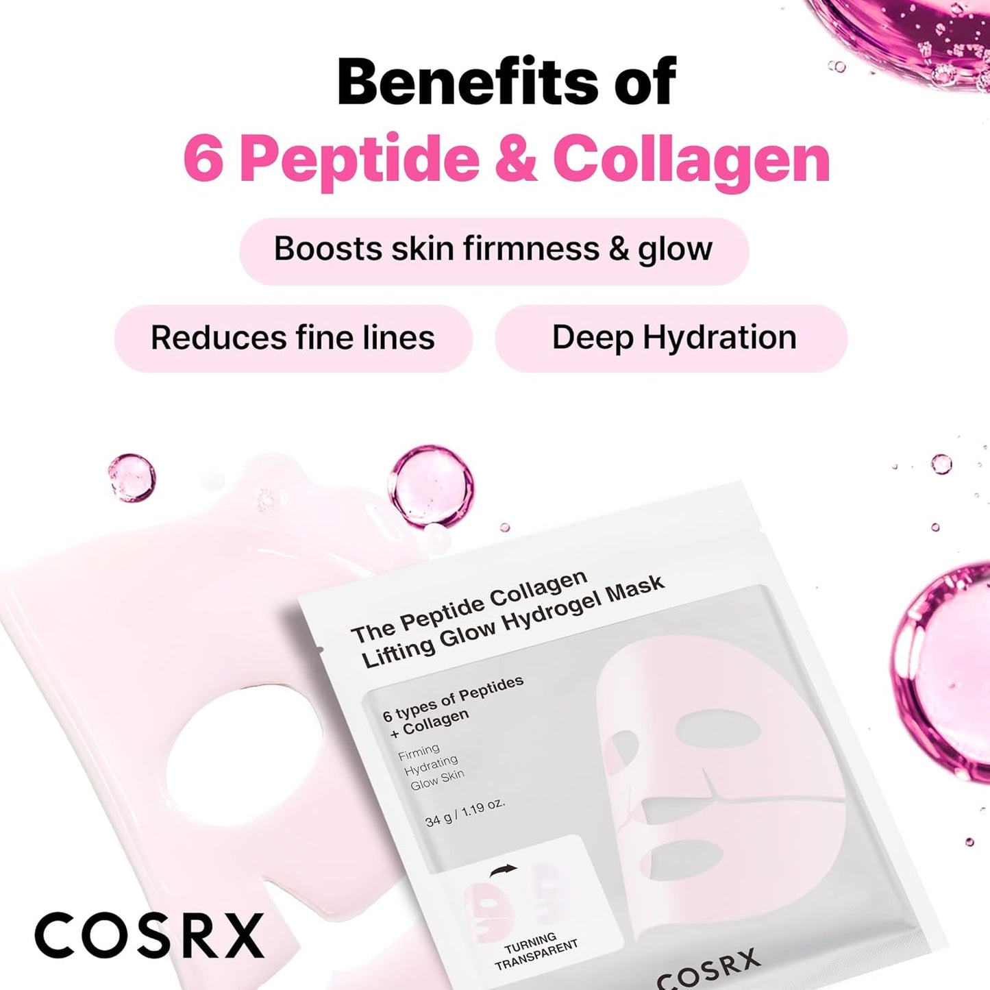 COSRX The Peptide Collagen Lifting Glow Hydrogel Face Masks Skincare 3 EA, Collagen Face Mask, Travel Essentials, Overnight Face Mask, Korean SkinCare
