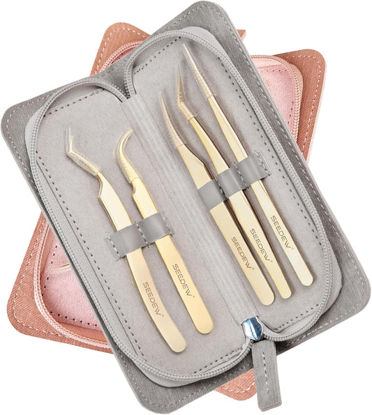 Lash Tweezers Set, 5 Stainless Steel Golden Tweezers + 1 Storage Bag, Isolation Pointy Tweezers for Eyelash Extension Beginner Lash Tech Beauty Eyelash Nail Salon Perfect Precision Repair(Gray)