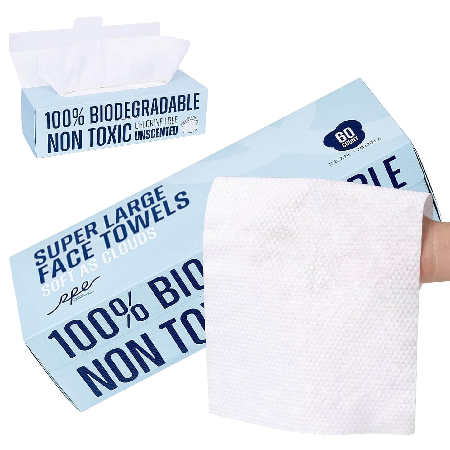 XL Disposable Face Towels, Ultra Soft Makeup Remover Dry Wipes, 100% Biodegradable, Non-Toxic, Facial Towelettes for Washing Face, Thick Towelettes for Sensitive Skin, Unscented, 60 Count