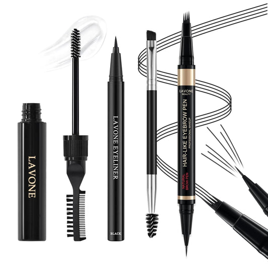 Eyebrow Pen Kit, with Microblading Eyebrow Pen, Eyebrow Gel, Eyeliner, Eyebrow Brush, Eyebrow Pencils for Women, Waterproof, Smudge Proof, Long Lasting Makeup Formula - Black