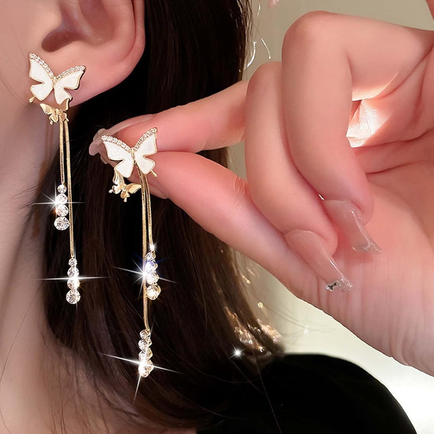 Vintage Crystal Butterfly Earrings Long Rhinestone Dangle Earrings Gold Chain Tassel Earrings Cz Butterfly Stud Earrings Jewelry for Women