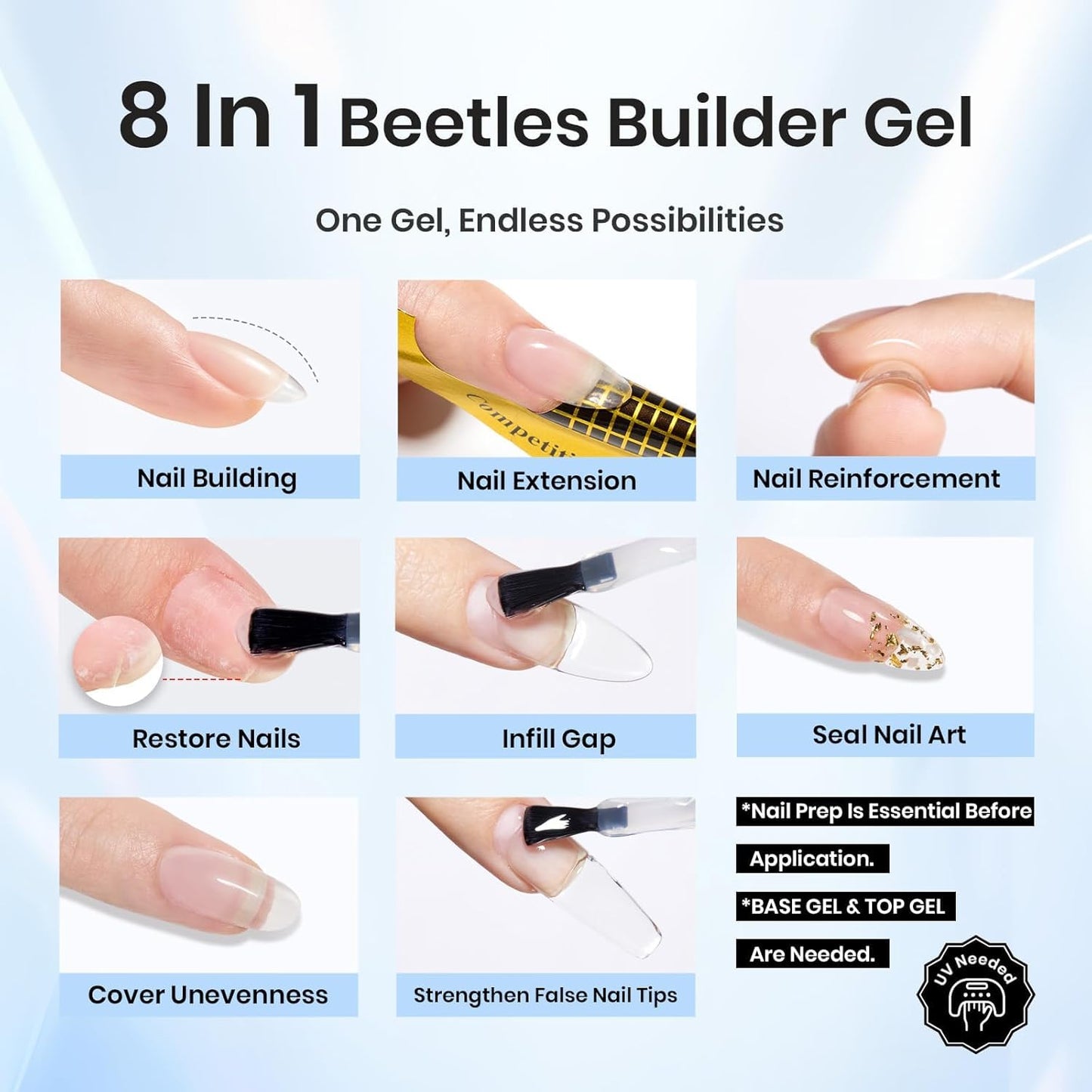 Beetles Builder Gel & Gel Base and Top Coat, 3Pcs 7.5ml Building Gel for Nails Set Shine Finish and Long Lasting, Soak Off LED Transparent Nail Strengthener Hard for Beginners DIY