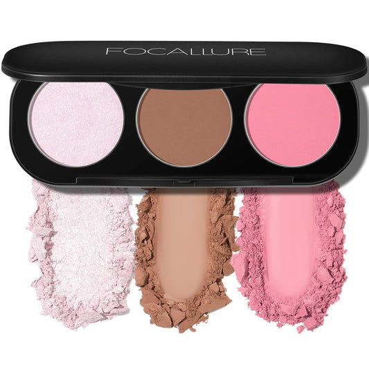 FOCALLURE Blush and Highlighter Palette,3 in 1 Contour Palette,Cruelty-Free Matte Bronzer Powder,Shimmer Illuminator Highlighters for a Glowing Look,#06