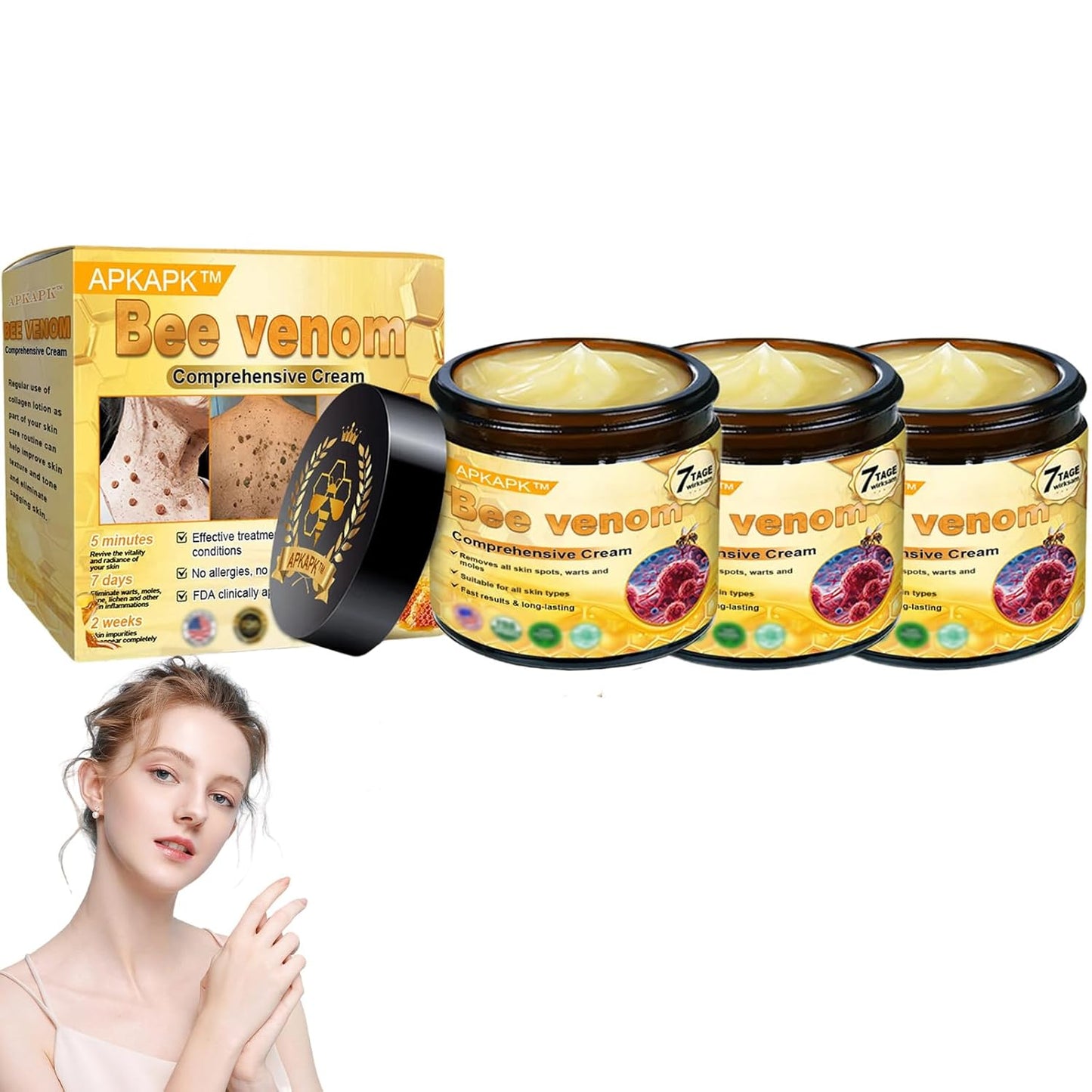 Bee Venom Comprehensive Cream, Professional bee venom cream for Removing and Repair, APKAPK Bee Venom Skin Treatment Cream, Natural Serum Suitable for All Skin Types (3 Pack)