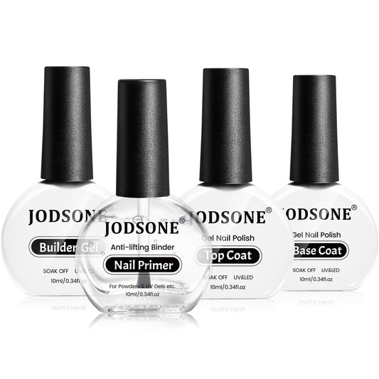JODSONE 4 Bottle 10ML Nail Primer Base Coat Top Coat and Builder Gel Glossy Durable Long Lasting Gift for Girls at Home Salon Design