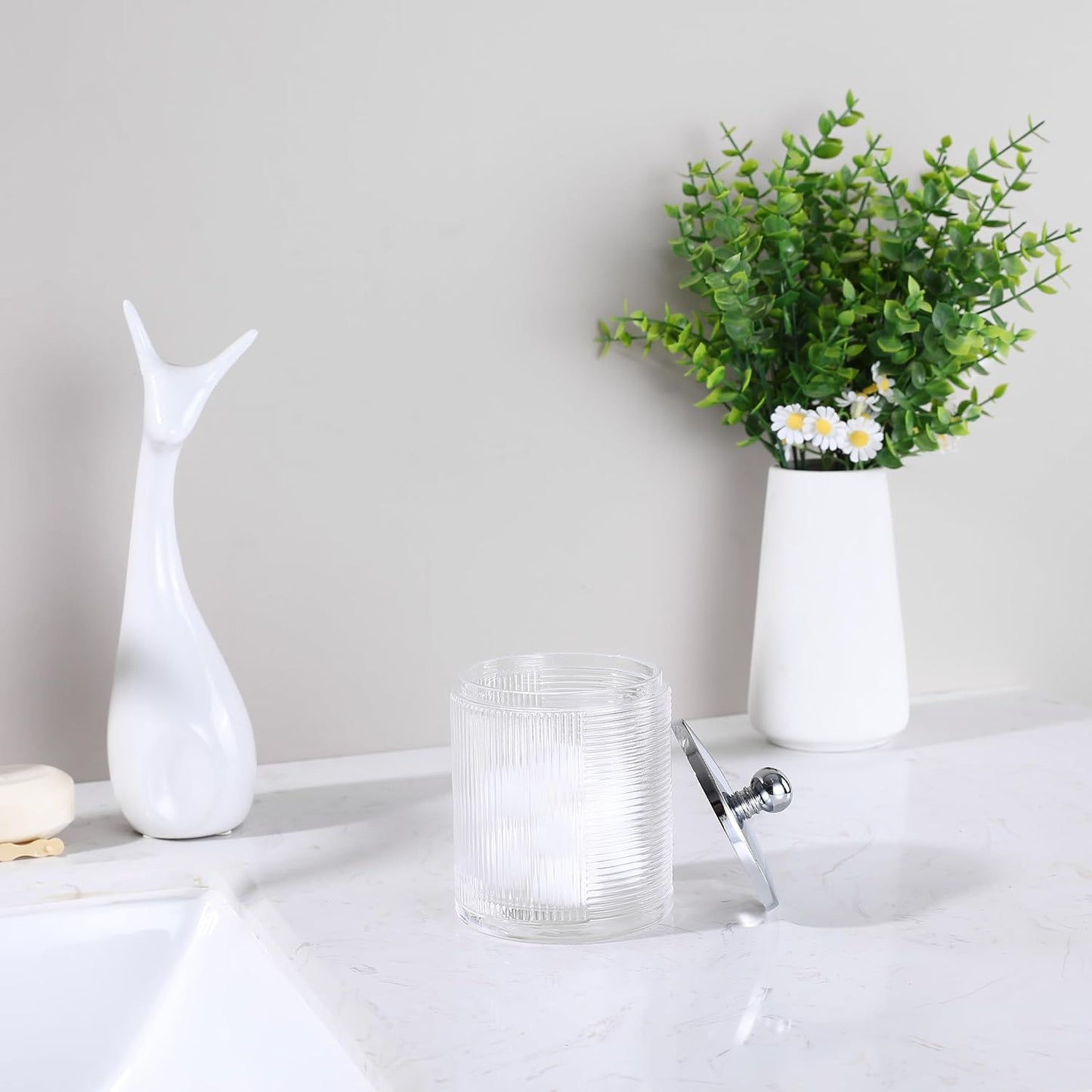 Glass Cotton Jar Holder Silver Lid, Elegant Bathroom Storage Canister for Qtips, Cotton Balls, Floss, Makeup Organizer, Vanity Bathroom Organization