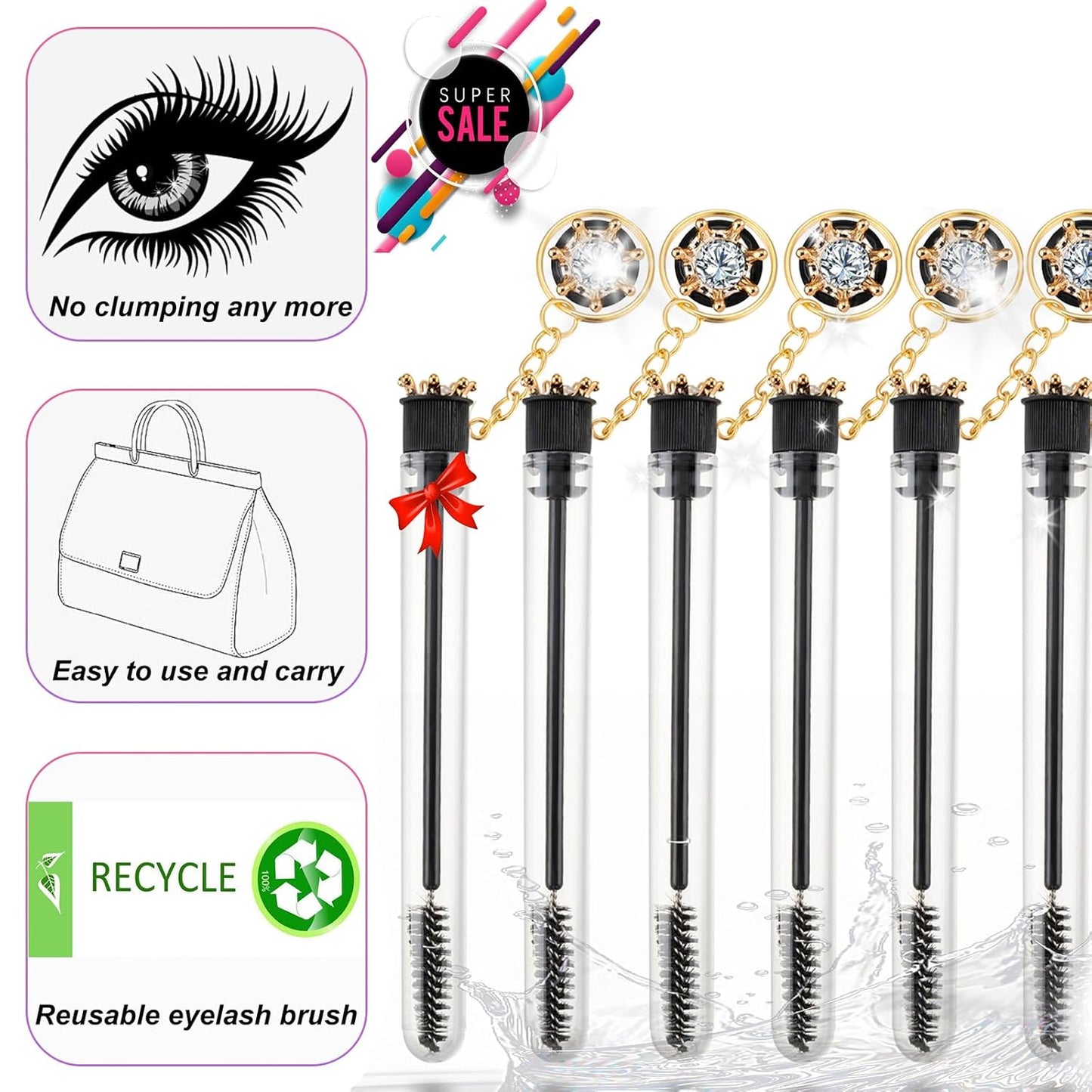 Upgrade 48 Pieces Disposable Mascara Wands Set,Diamond Mascara for Women and Girls- Include 24 Pcs Crystal Lash Spoolies Brush and 24 Pcs Reusable Keychain Empty Eyelash Brush Tubes