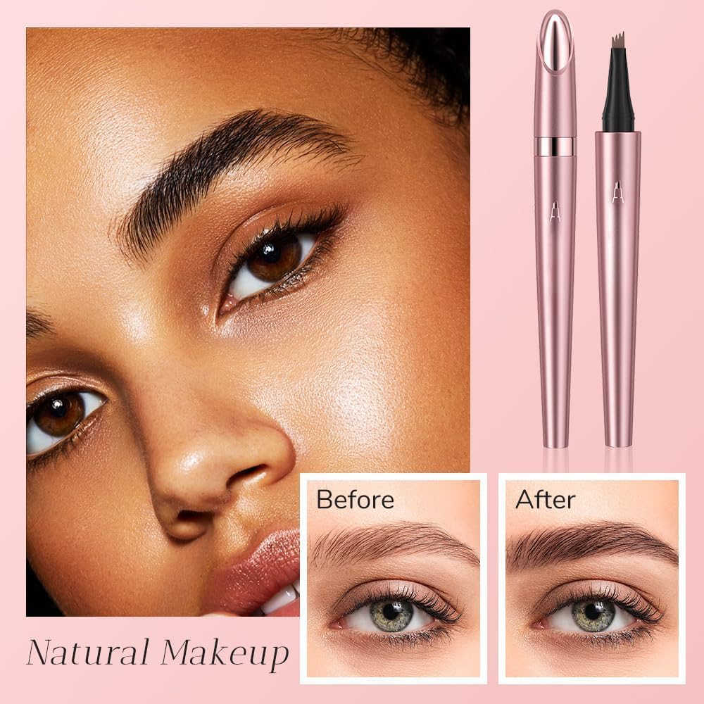 Microblading Eyebrow Pen, New 3D Microblading Eyebrow Pencil, Waterproof Eye Brow Pen with 4 Tip, Natural Magic Eyebrow Makeup Fine Stroke Contouring Pencil Long-Lasting Stay on All Day (Gray)