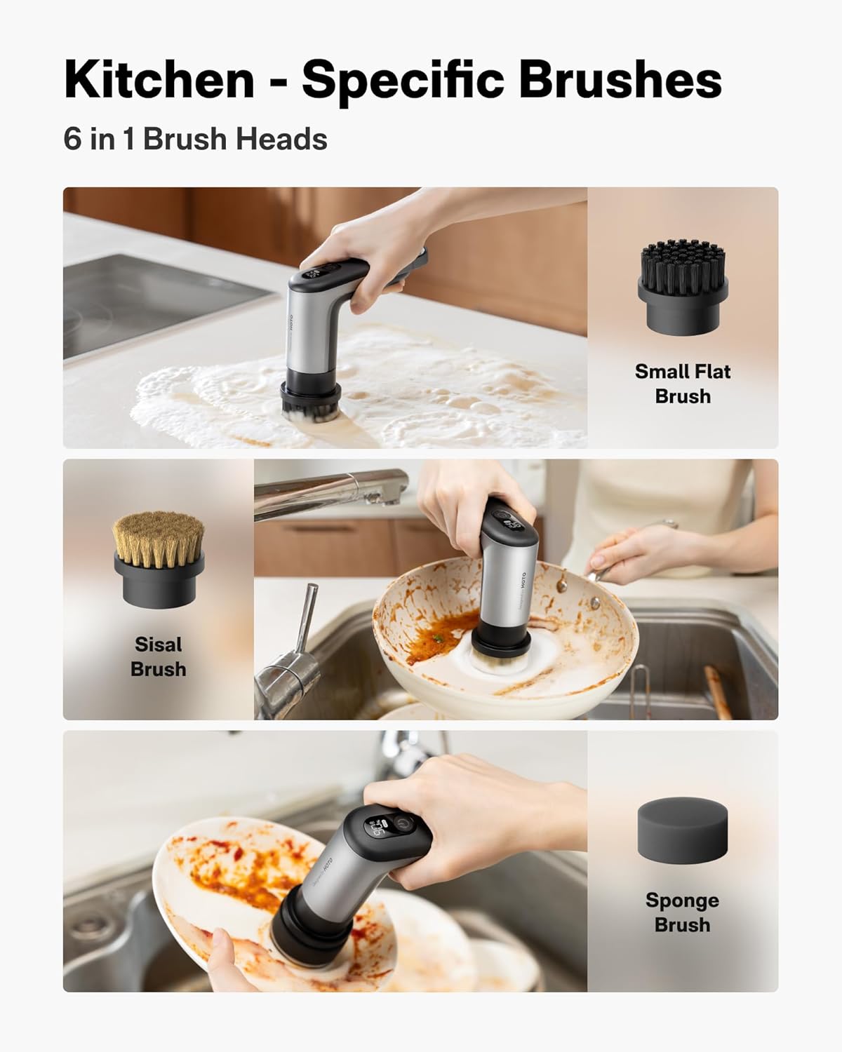 HOTO Grip™ Cordless Electric Spin Scrubber, IPX7 Waterproof, Lightweight at 0.65 lb with 6 Brush Heads, Powerful Cleaning Scrubber, for Bathroom, Kitchen, Tile, Shower