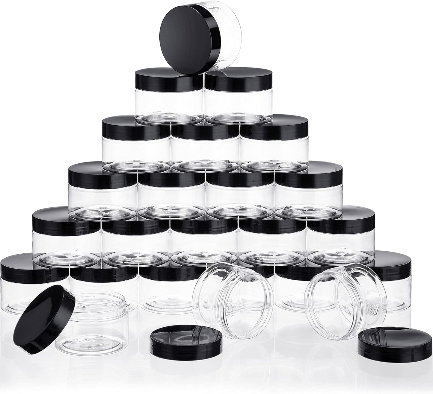 SATINIOR 24 Pieces Empty Clear Plastic Jars with Lids Round Storage Containers Wide Mouth for Beauty Product Cosmetic Cream Lotion Liquid Butter Craft and Food(Black Lid,12 oz)
