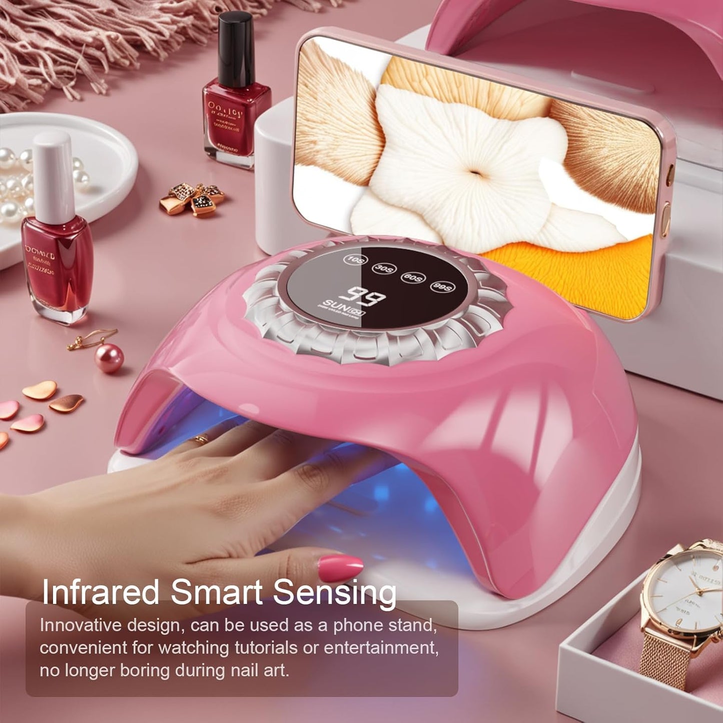 Pink UV LED Nail Lamp – Elegant Touch Screen Nail Dryer with 4 Timer Settings, Detachable Base & Dual Light Beads for Quick Gel Polish Curing – Salon-Quality Manicure at Home