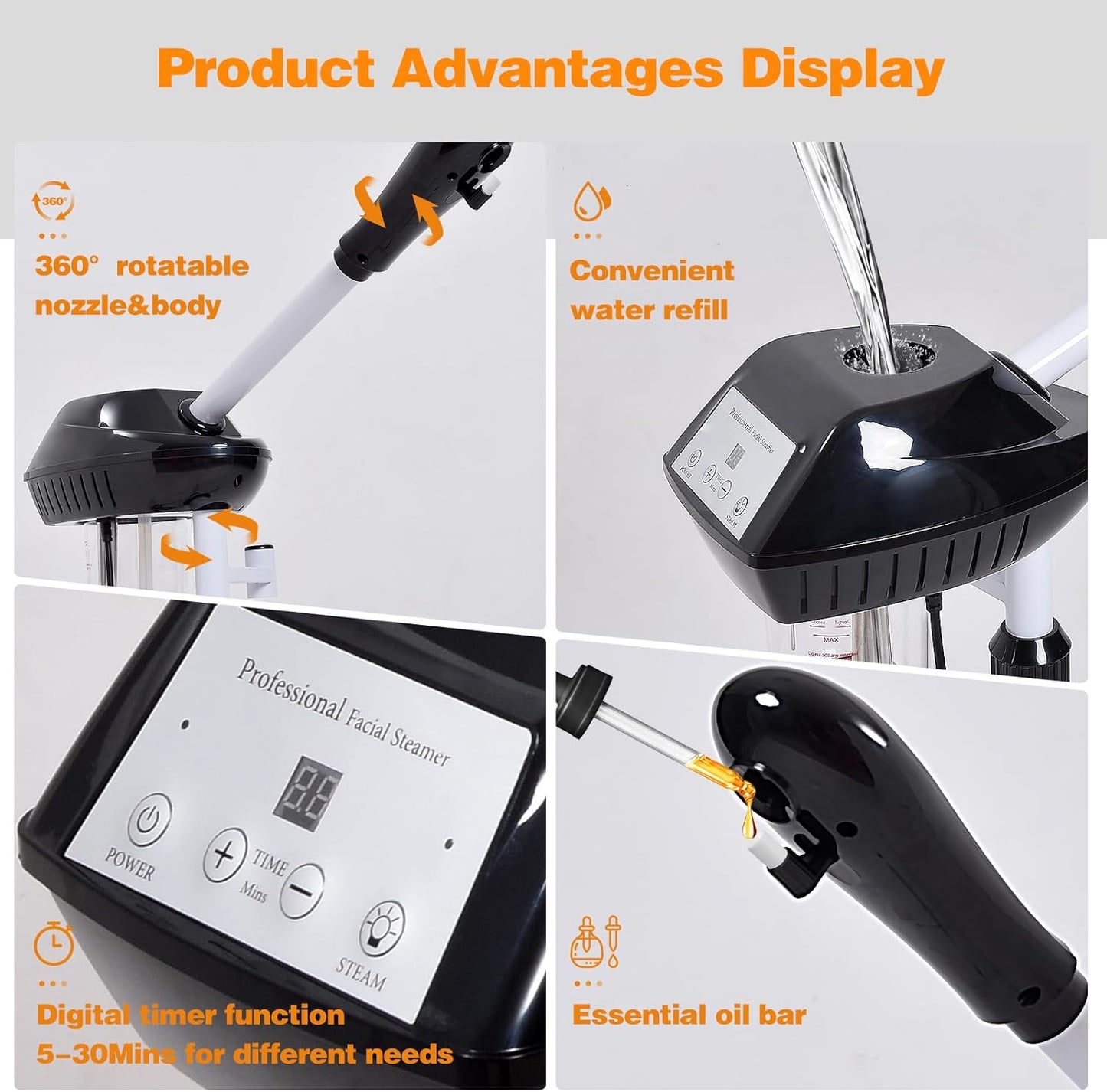 Facial Steamer Professional on Wheels with Time Setting, Estheticians Steamer with More Steam for Deep Cleansing and Hydration, Face Steamer Adjustable Height for Spa, Salon and Home Use