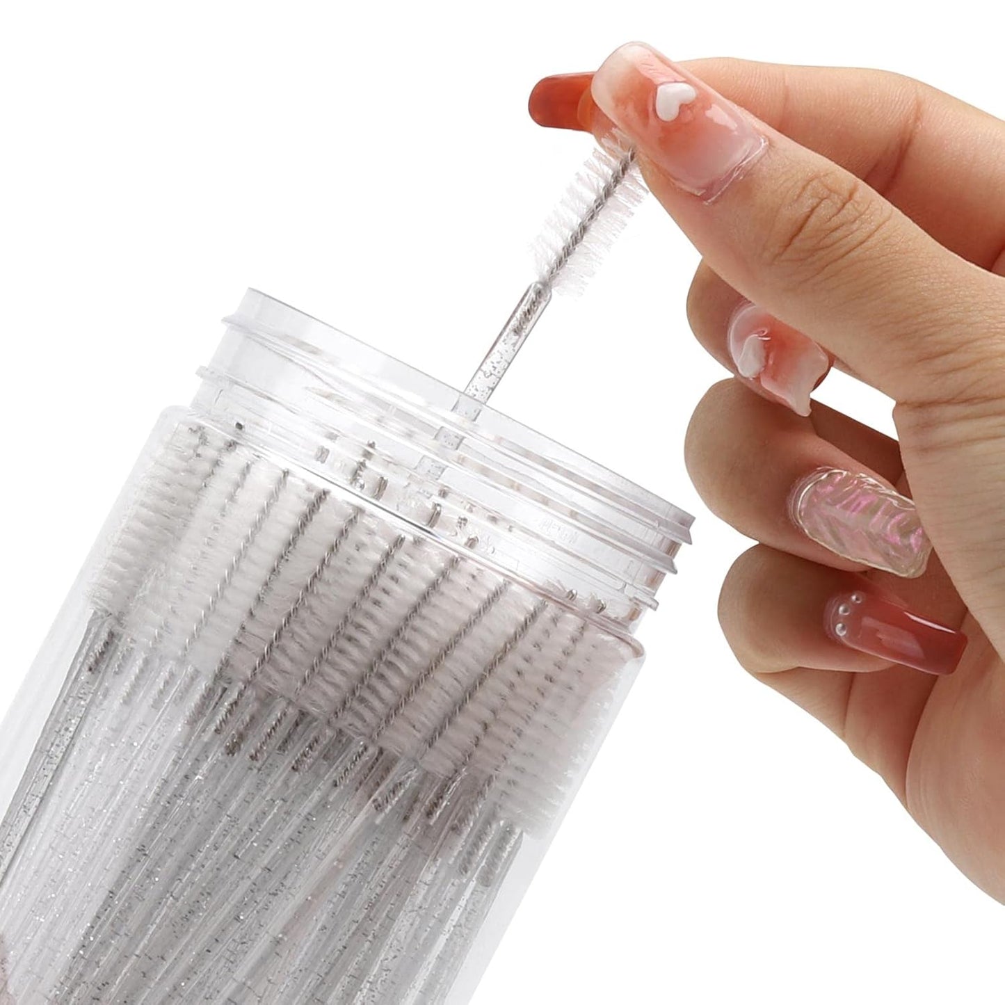 100 Pcs Disposable Mascara Wands, Crystal Eyebrow Spoolies Brush for Eyelash Extensions, Lash Brushes with Container (White)